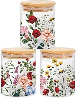 JarThenaAMCS 3Pcs Vintage Floral Glass Storage Jars with Airtight Lid Wi...