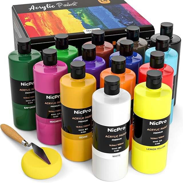 Nicpro 14 Colors Large Bulk Acrylic Paint Set (16.9 oz,500 ml) Rich Art ...