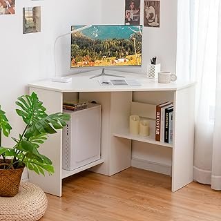 Tangkula White Corner Desk - 90 Degrees Triangle for Computer, Small Spa...