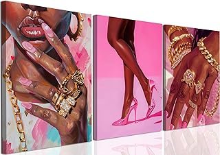 Black Girl Wall Art Set of 3 Pink Fashion Black Woman Canvas Wall Decor ...