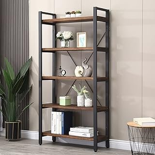 5 Tier Bookcase, Solid Wood Bookshelf Rustic Vintage Industrial Etagere ...