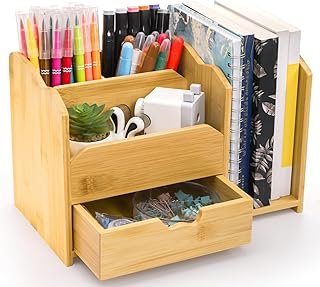 Bamboo Desk Organizer, Multi Use Tabletop Storage Office Supplies with D...
