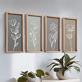 3D Wooden Floral Bathroom Wall Decor (Set of 4) Lightweight, Ready-to-Ha...