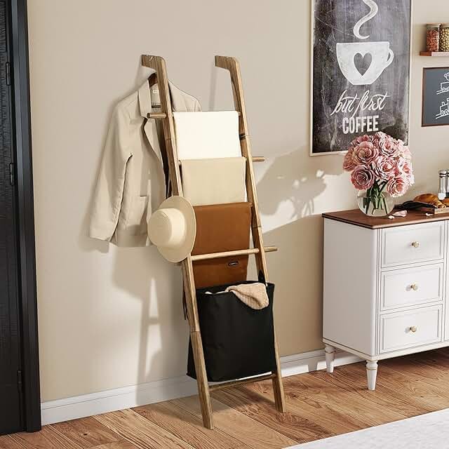 67-Inch Farmhouse Blanket Ladder with Basket, Rustic Wooden Display Ladd...