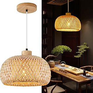 Bamboo Pendant Light, 11.8inch Hand-Woven Natural Wicker Rattan Bamboo L...
