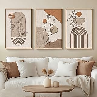 Neutral Framed Large Boho Canvas Wall Art, 3 Piece Bohemian Earth Tone P...