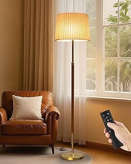 JOOFO Mid-Century Modern Wood Floor Lamp with Dual Fabric Shade, Remote ...