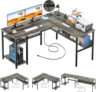 Unikito Reversible L Shaped Desk with Magic Power Outlets and USB Chargi...