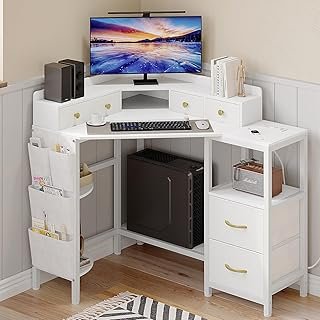 Corner Desk with 6 Drawers Shelves for Small Space Computer Desk with Po...
