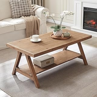 Farmhouse Coffee Table,Solid Wood Center Tables with Storage Shelves & S...