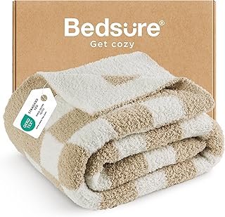 Bedsure GentleSoft Cozy Soft Throw Blanket for Couch, Beige Checkered Fl...