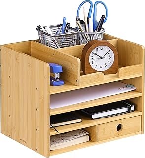 Navaris Bamboo Desk Organizer - Wood Desktop Storage Drawers and Compart...
