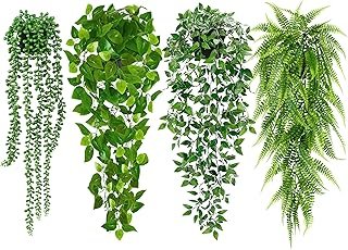 Palonu Artificial Hanging Plants for Shelf, 4 Pack Fake Potted Greenery ...