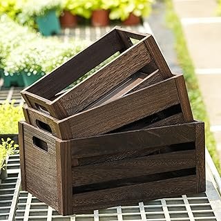 ELONG HOME 3 Pack Nesting Wooden Crates, Rustic Wood Basket with Handles...