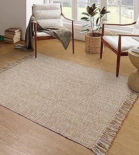 Collive Comfy Area Rug 4' x 6', Tan/Cream Woven Cotton Bedroom Rugs, Mod...