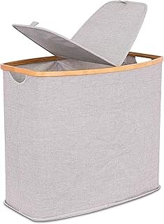 BirdRock Home Bamboo & Canvas Hamper | Double Laundry Basket with Lid | ...